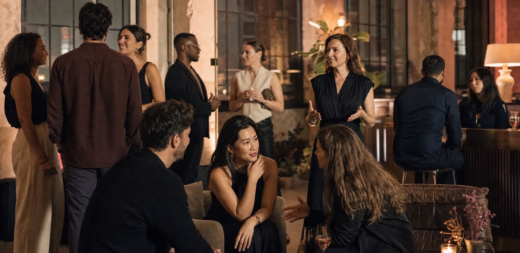 Guests having natural conversations at a warmly hosted social event