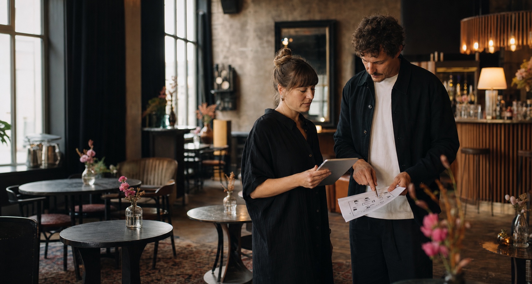 An event organizer and venue manager reviewing a plan in a prepared hospitality space